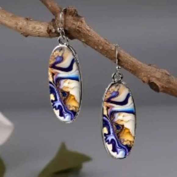 Bohemian Dangle Earrings - Colorful Marble Pattern, Zinc Alloy Hypoallergenic - Picture 1 of 3